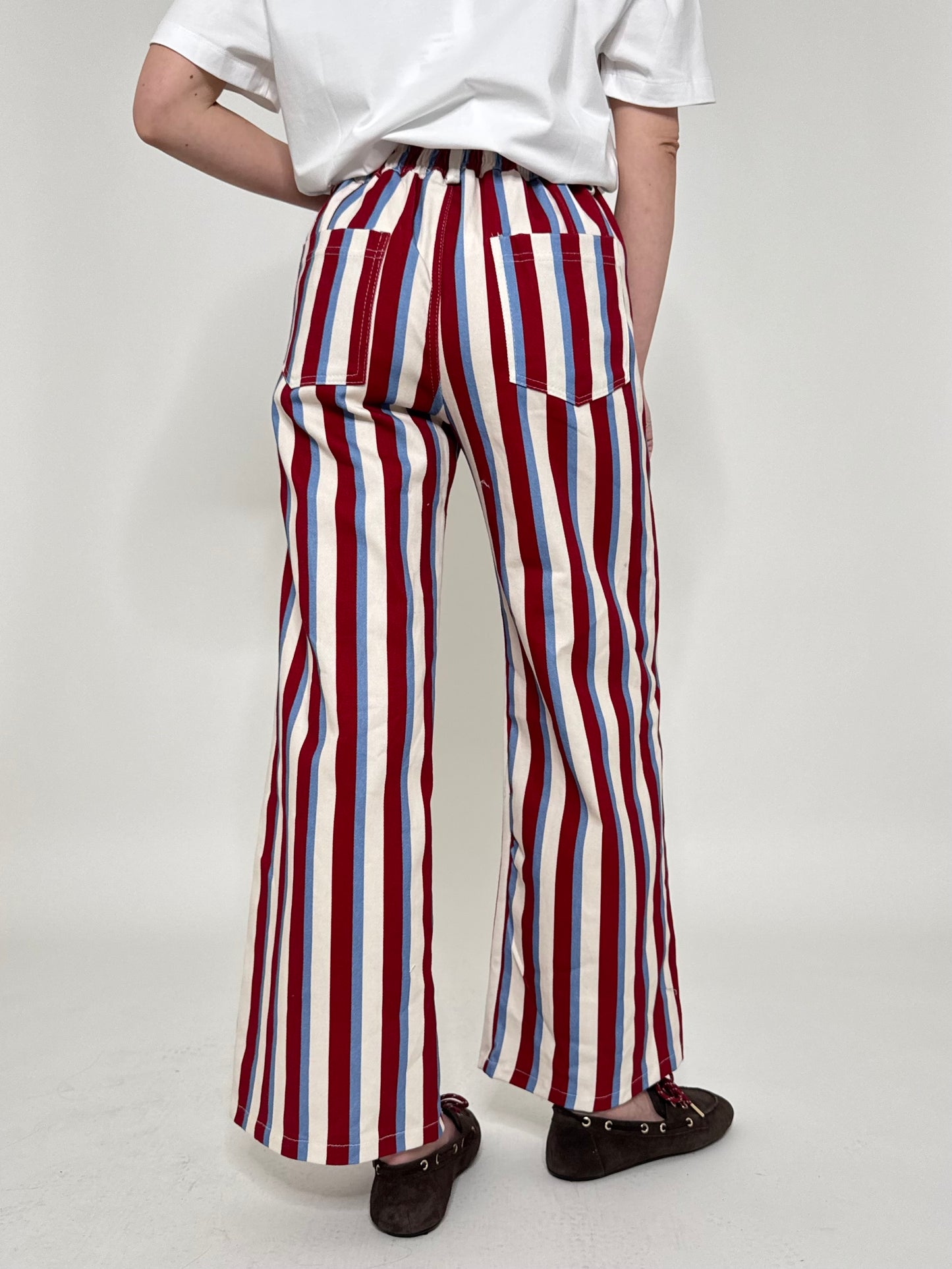 Jeans cinque tasche a righe modello wide leg Panna/Celeste/Bordeaux