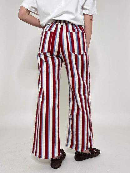 Jeans cinque tasche a righe modello wide leg Panna/Celeste/Bordeaux