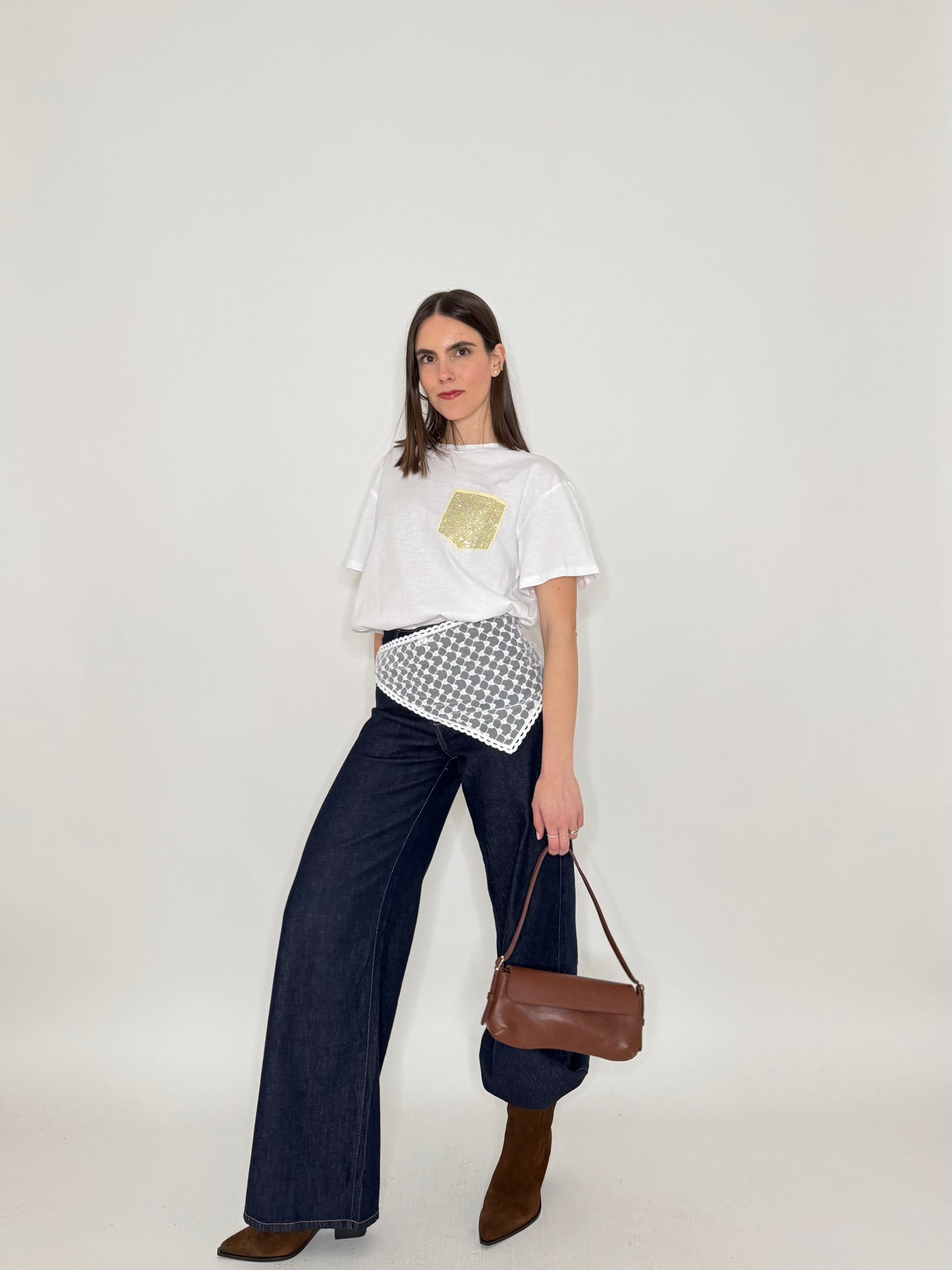 T-shirt in cotone tasca brillantini Giallo