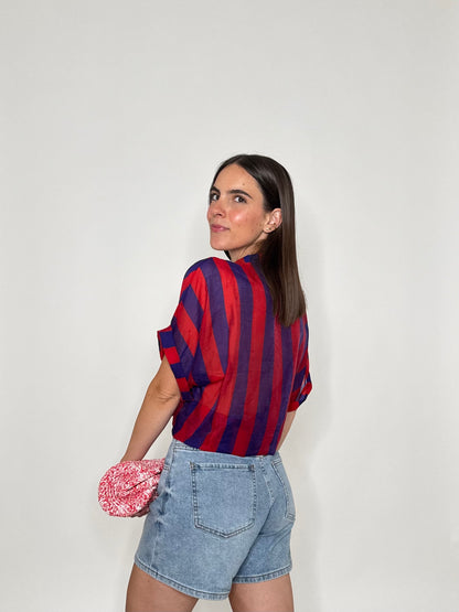 Camicia a righe in lyocell manica corta rosso/blu