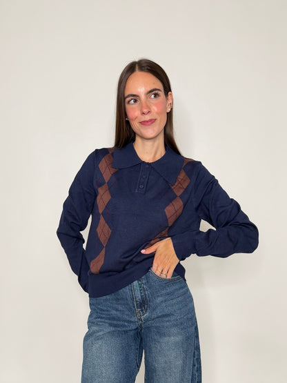 Polo a rombi in viscosa blu navy