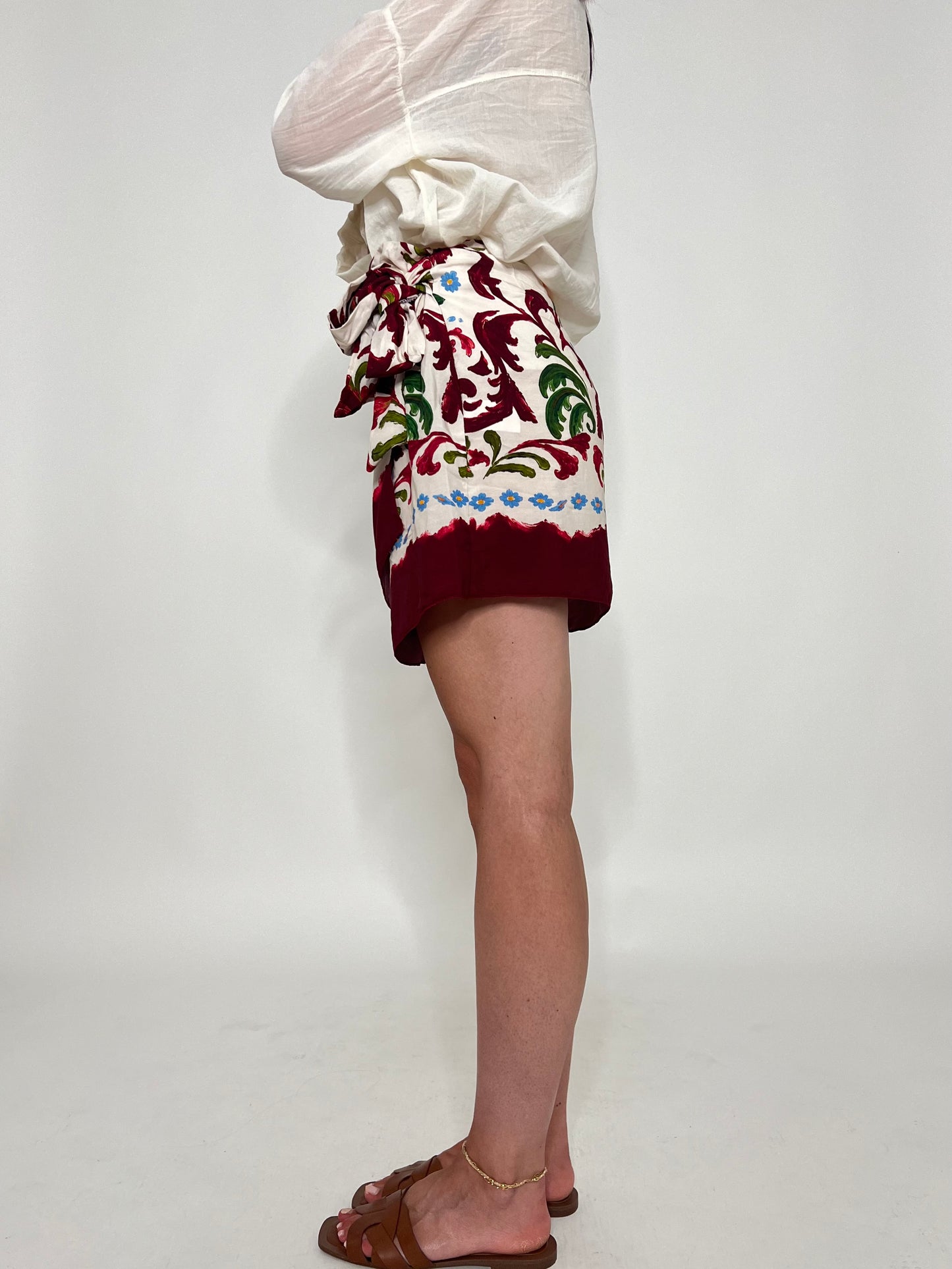 Gonna pareo mini in fresca viscosa stampa floreale bordeaux