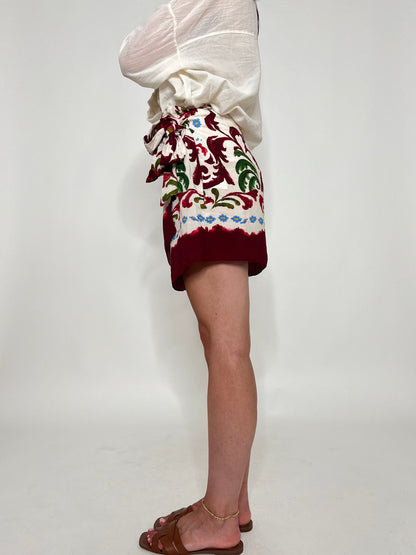Gonna pareo mini in fresca viscosa stampa floreale bordeaux