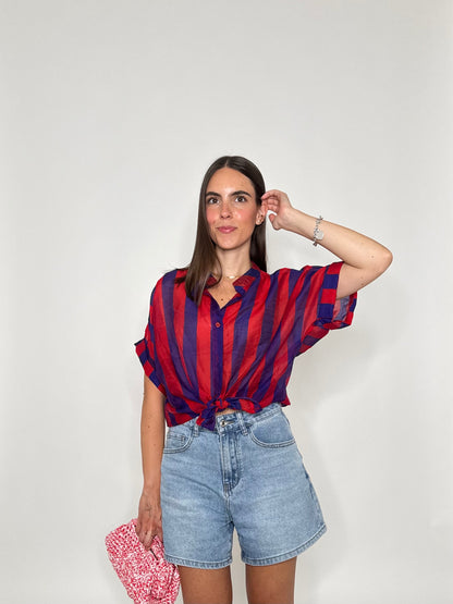 Camicia a righe in lyocell manica corta rosso/blu