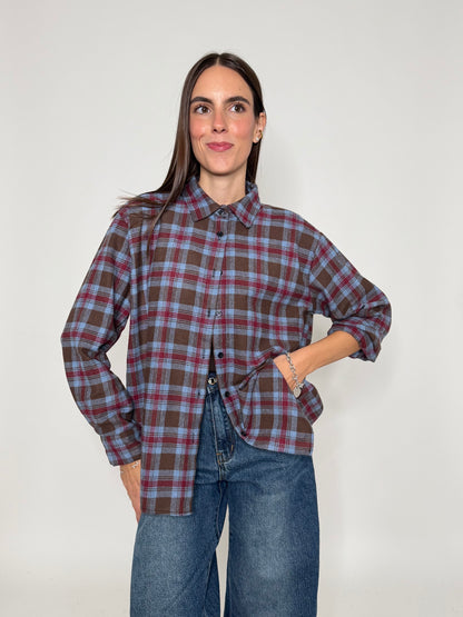 Camicia check vienna in cotone celeste/bordeaux