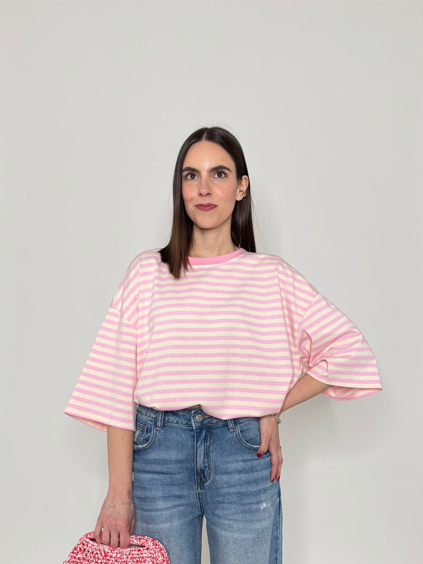 Maglia Felpa a righe light cotton in cotone Rosa/Panna