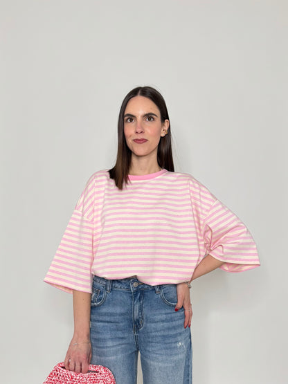Maglia Felpa a righe light cotton in cotone Rosa/Panna
