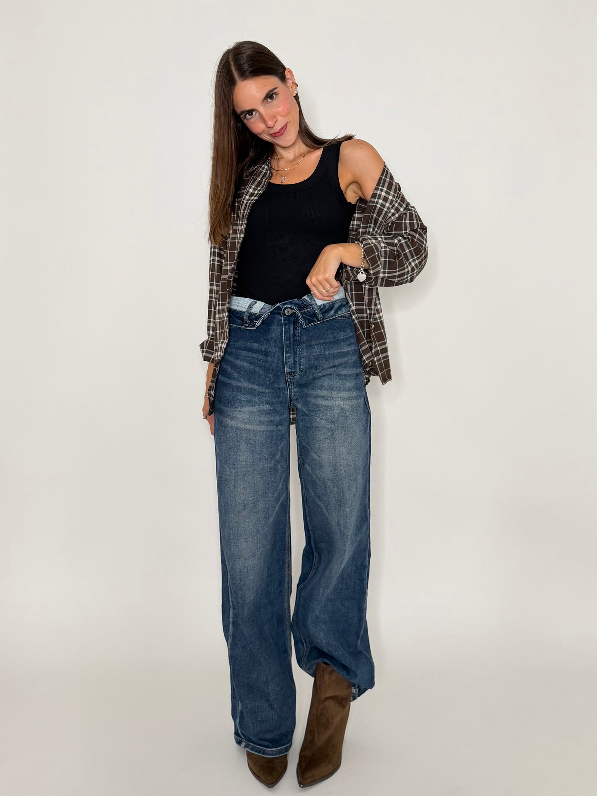 Jeans Wide Leg in Denim Blu con vita risvoltata