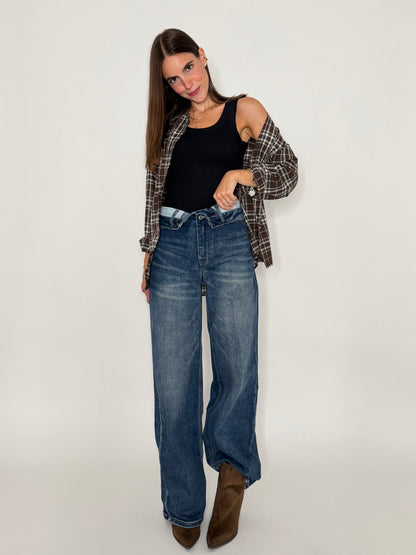 Jeans Wide Leg in Denim Blu con vita risvoltata