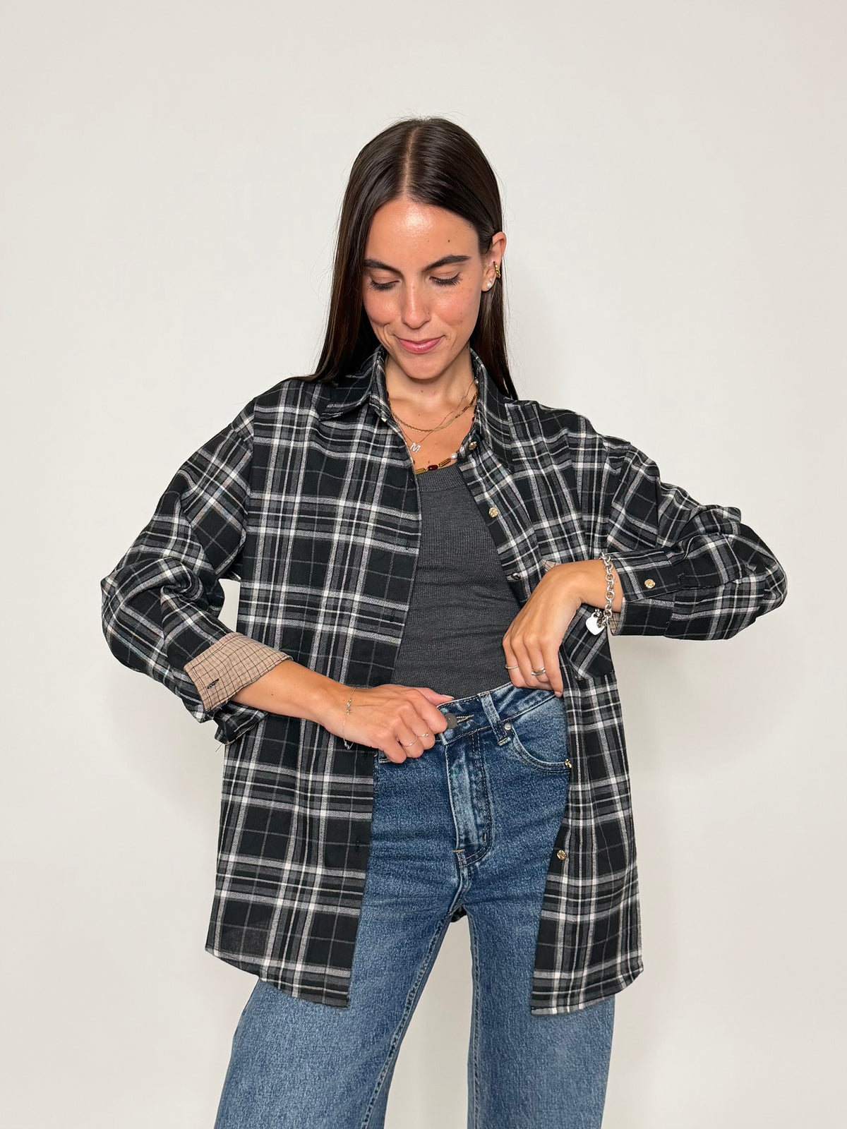 Camicia check in cotone con taschino nero