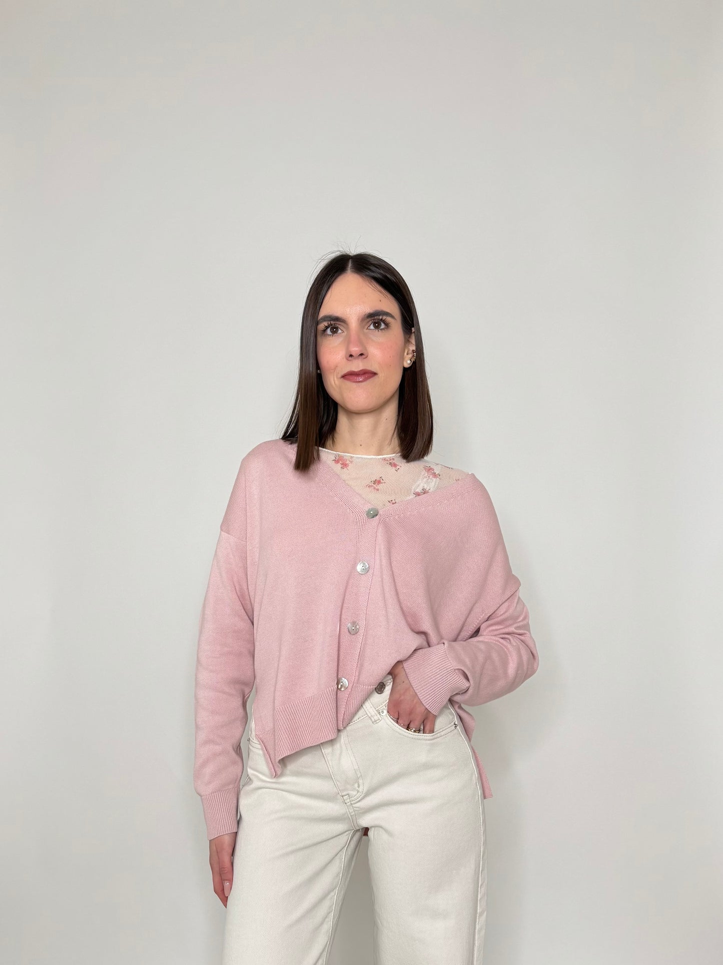 Cardigan in 100% cotone scatoletta Rosa Antico