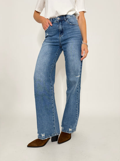 Jeans Straight Wide Leg in Denim Blu