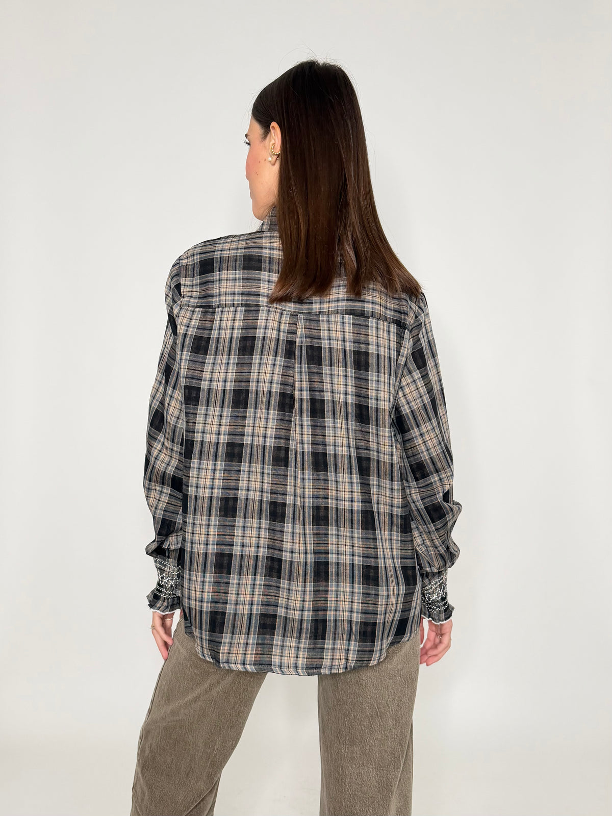 Camicia check con stampa vichy interna e polsino ricamato in cotone
