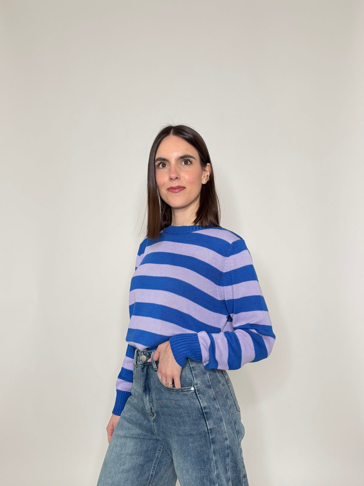 Maglia girocollo a righe in 100% cotone Persia/Lavanda