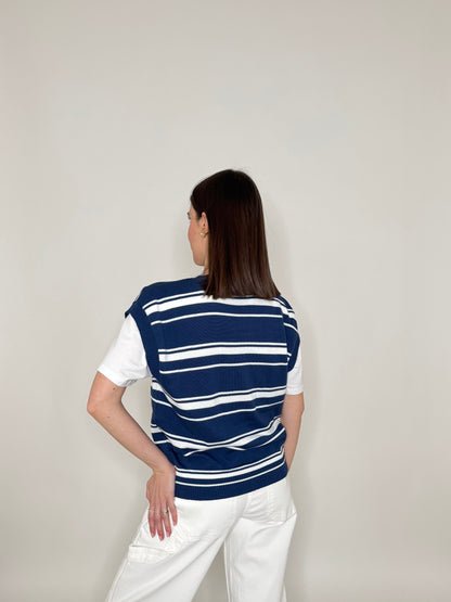 Gilet a righe in 100% cotone Blu Navy/Panna
