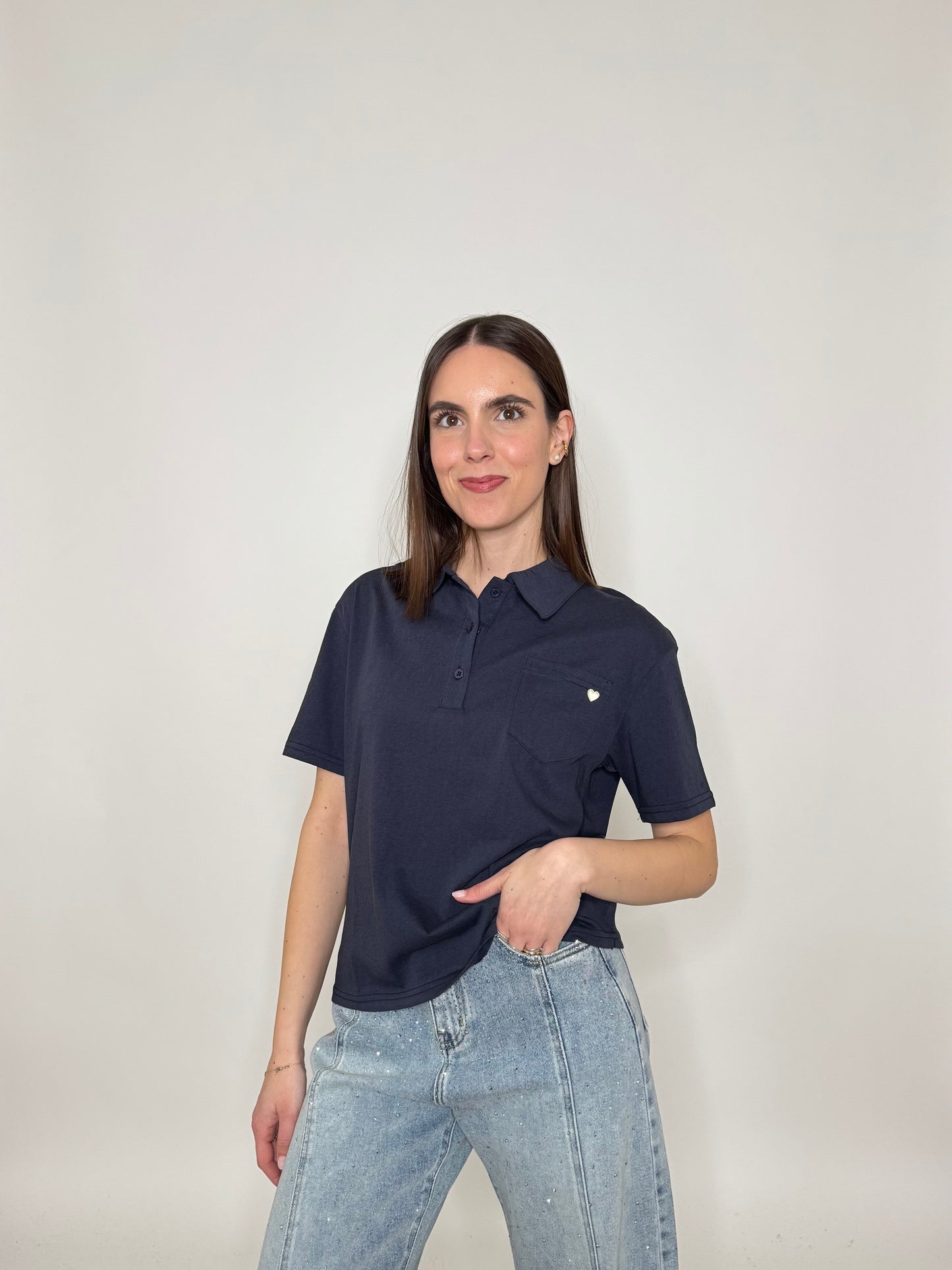 Polo basic light cotton con taschino e cuore Blu Navy