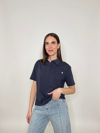 Polo basic light cotton con taschino e cuore Blu Navy