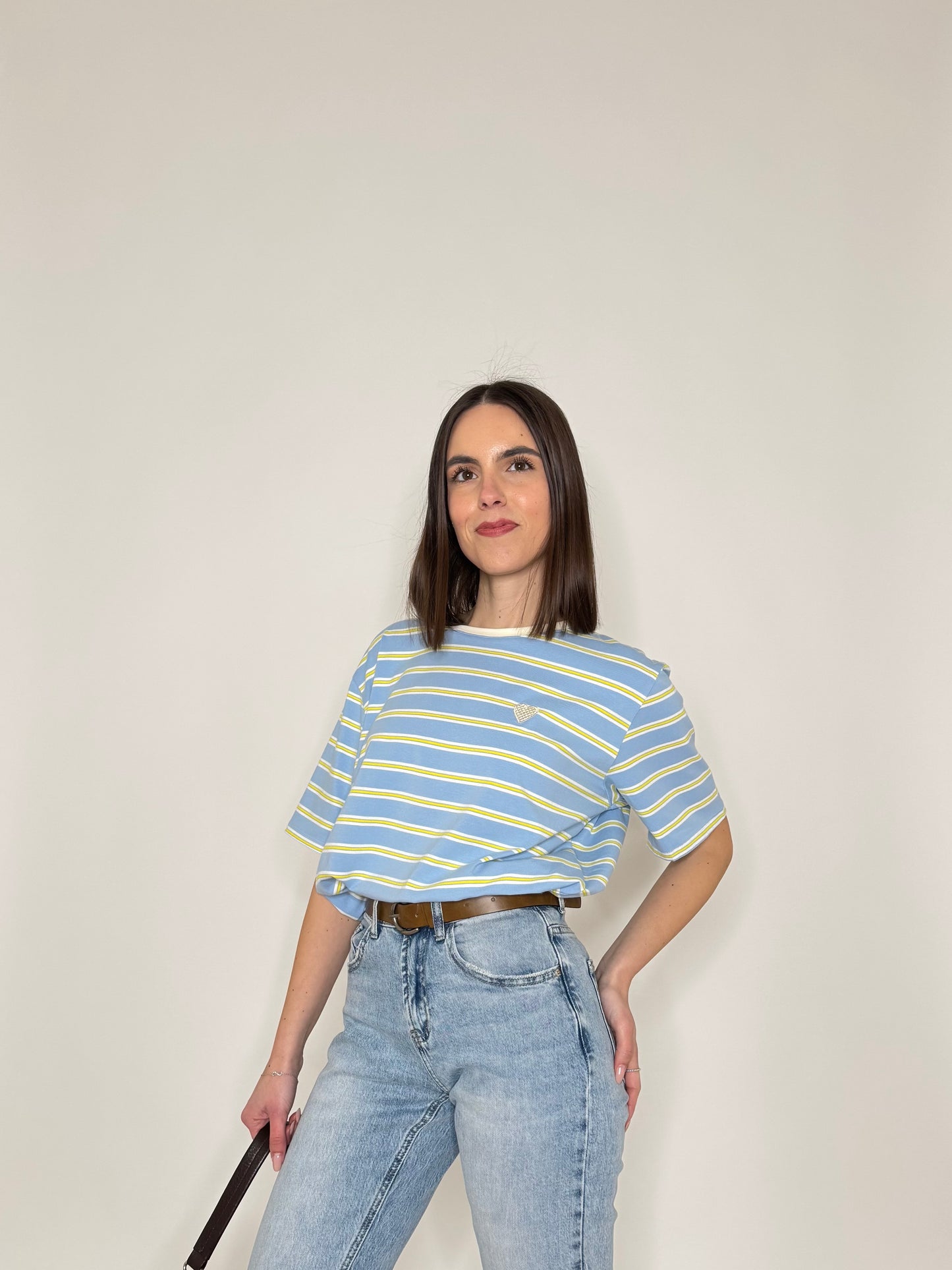 T-shirt millerighe con ricamo in cotone - Celeste