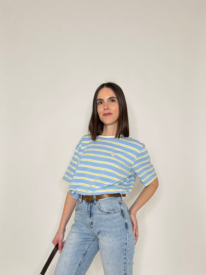 T-shirt millerighe con ricamo in cotone - Celeste