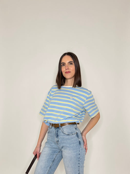 T-shirt millerighe con ricamo in cotone - Celeste