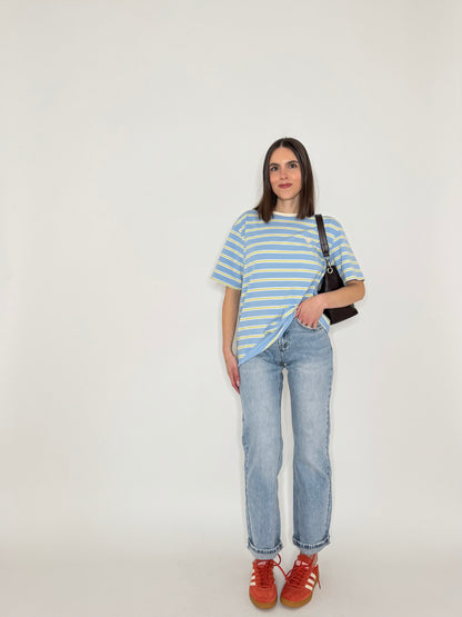 T-shirt millerighe con ricamo in cotone - Celeste