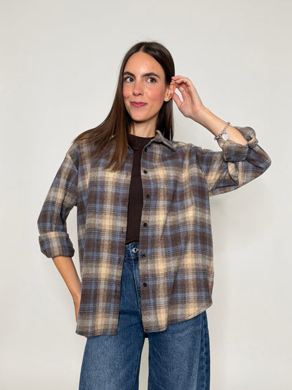 Camicia check vienna in cotone ciocco/azzurro polvere