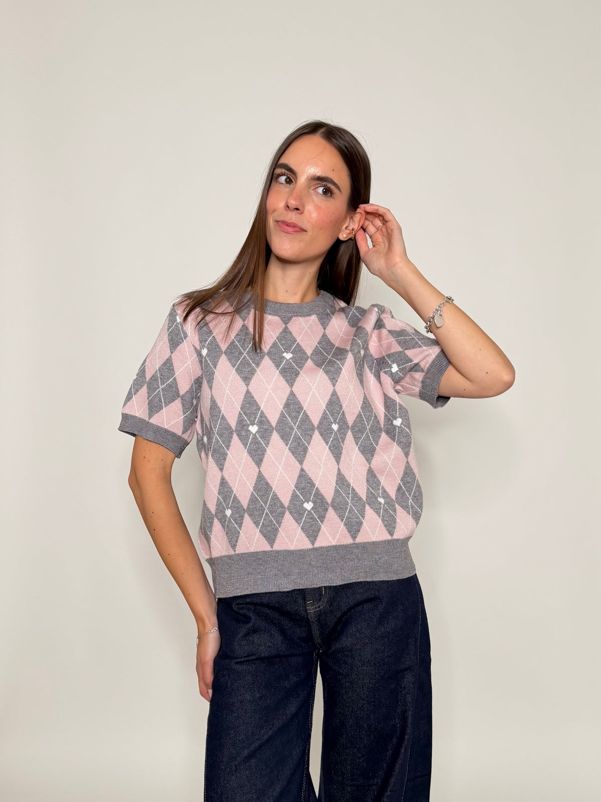 Maglia in viscosa a rombi grigio/rosa