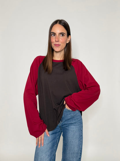 Maglia Baseball Bicolor in cotone con manica a ampia cioccolato/boredaux