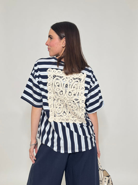 T-shirt a righe bicolor con crochet Blu