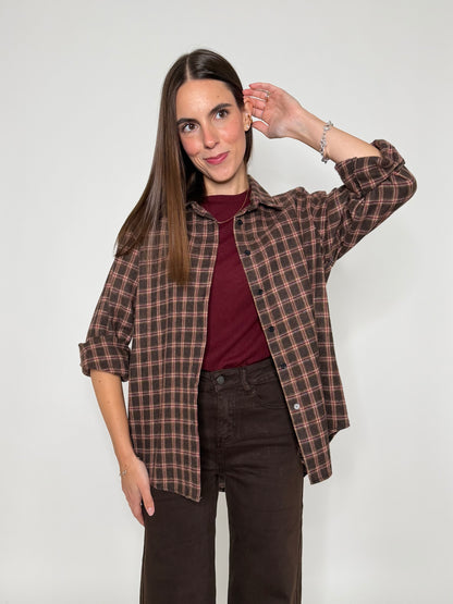 Camicia check vienna in cotone cioccolato/bordeaux