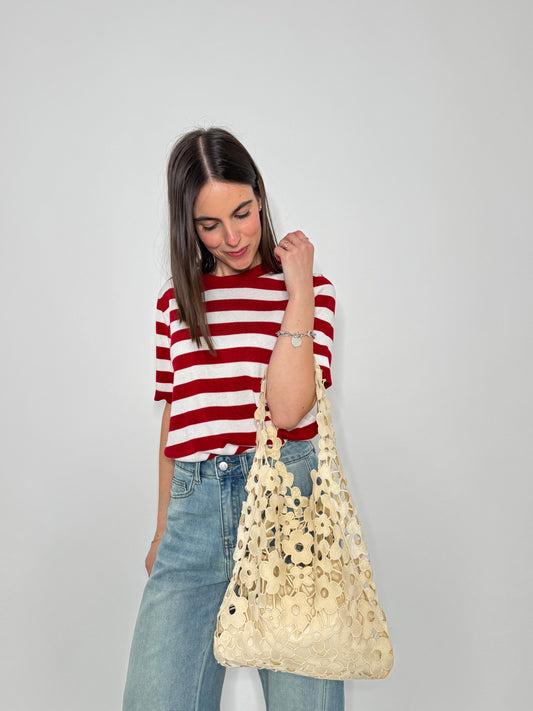 Tote bag effetto macramè floreale Panna