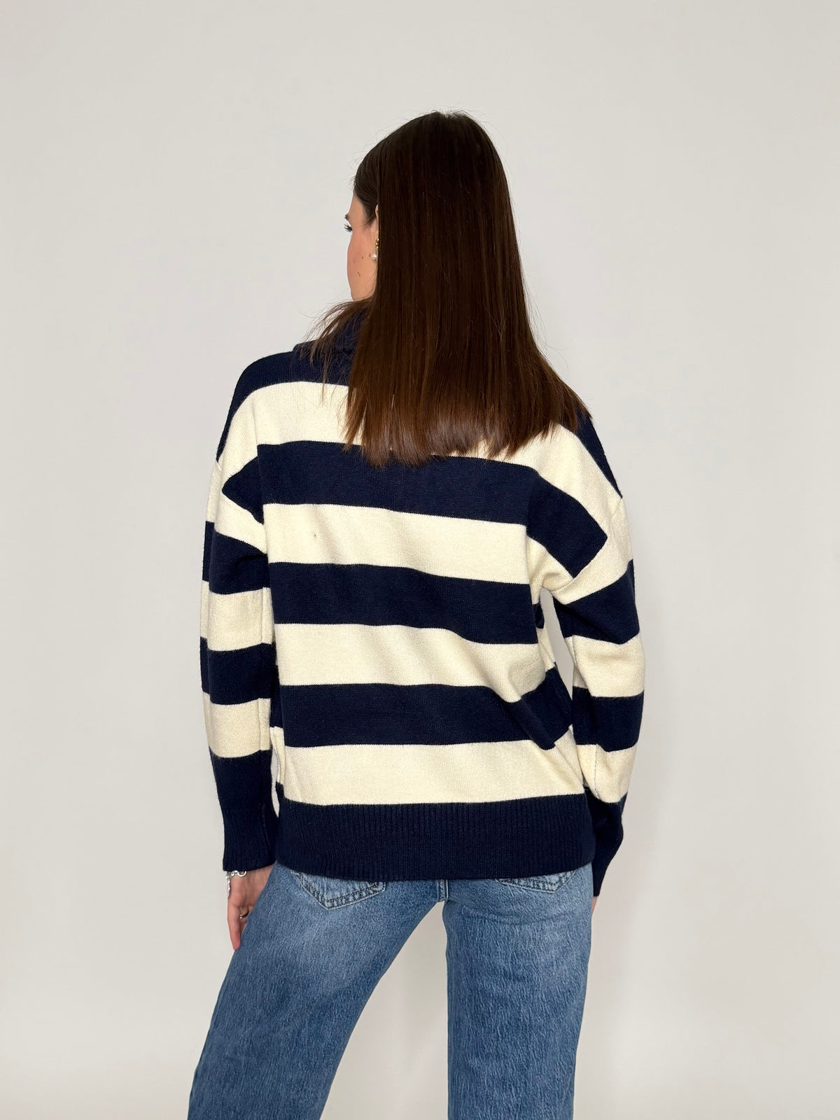 Maglione mezza zip collo alto a righe in morbida viscosa blu/panna