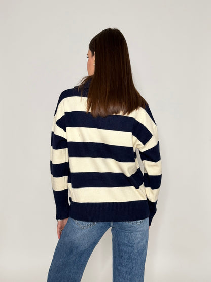 Maglione mezza zip collo alto a righe in morbida viscosa blu/panna