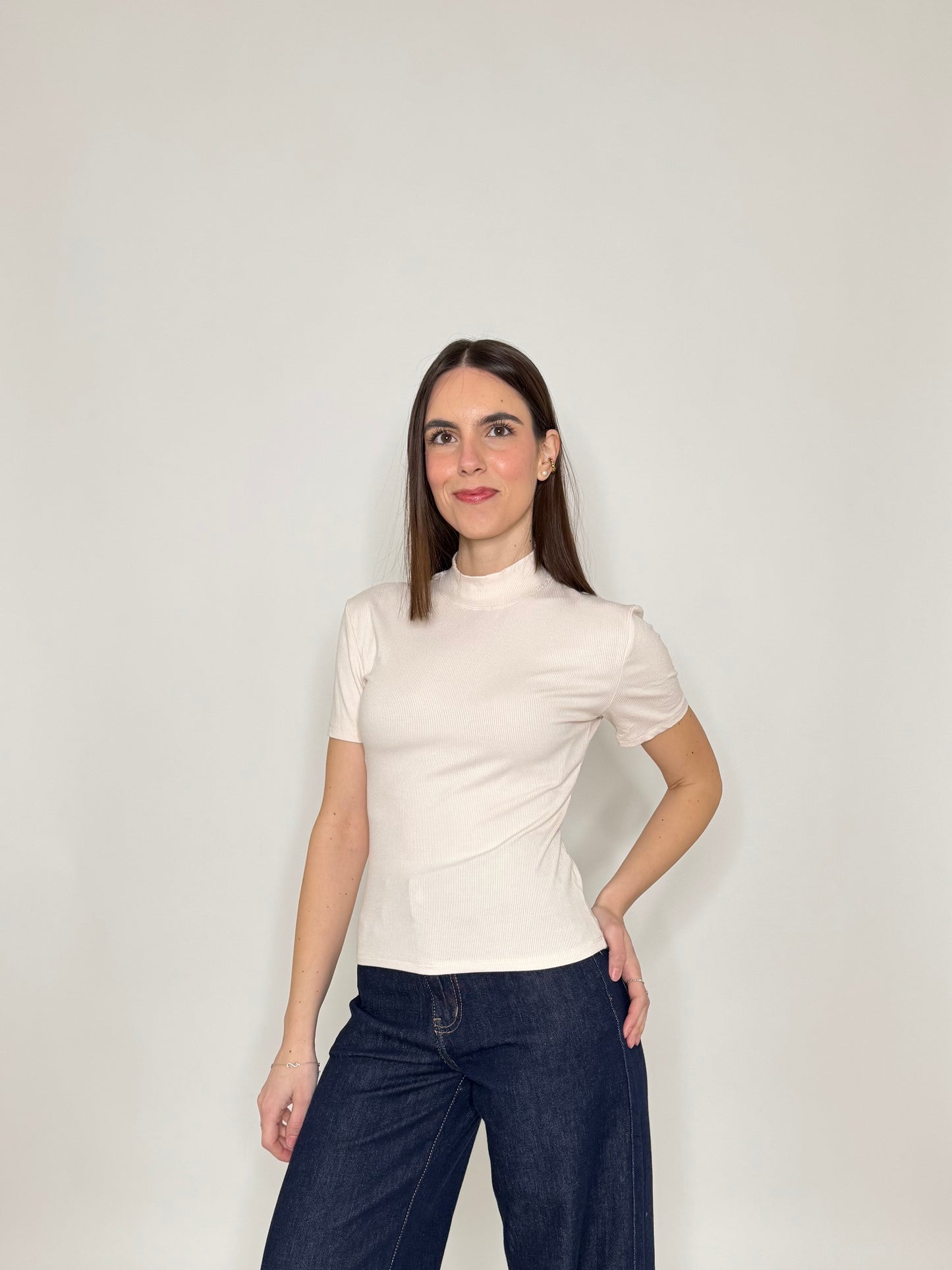 Maglia soft touch a costine mezzo collo in viscosa Rosa cipria