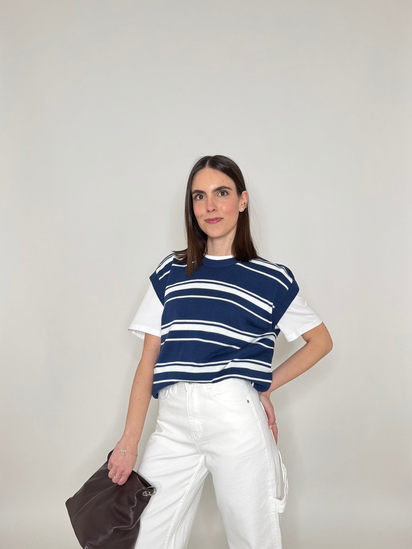 Gilet a righe in 100% cotone Blu Navy/Panna