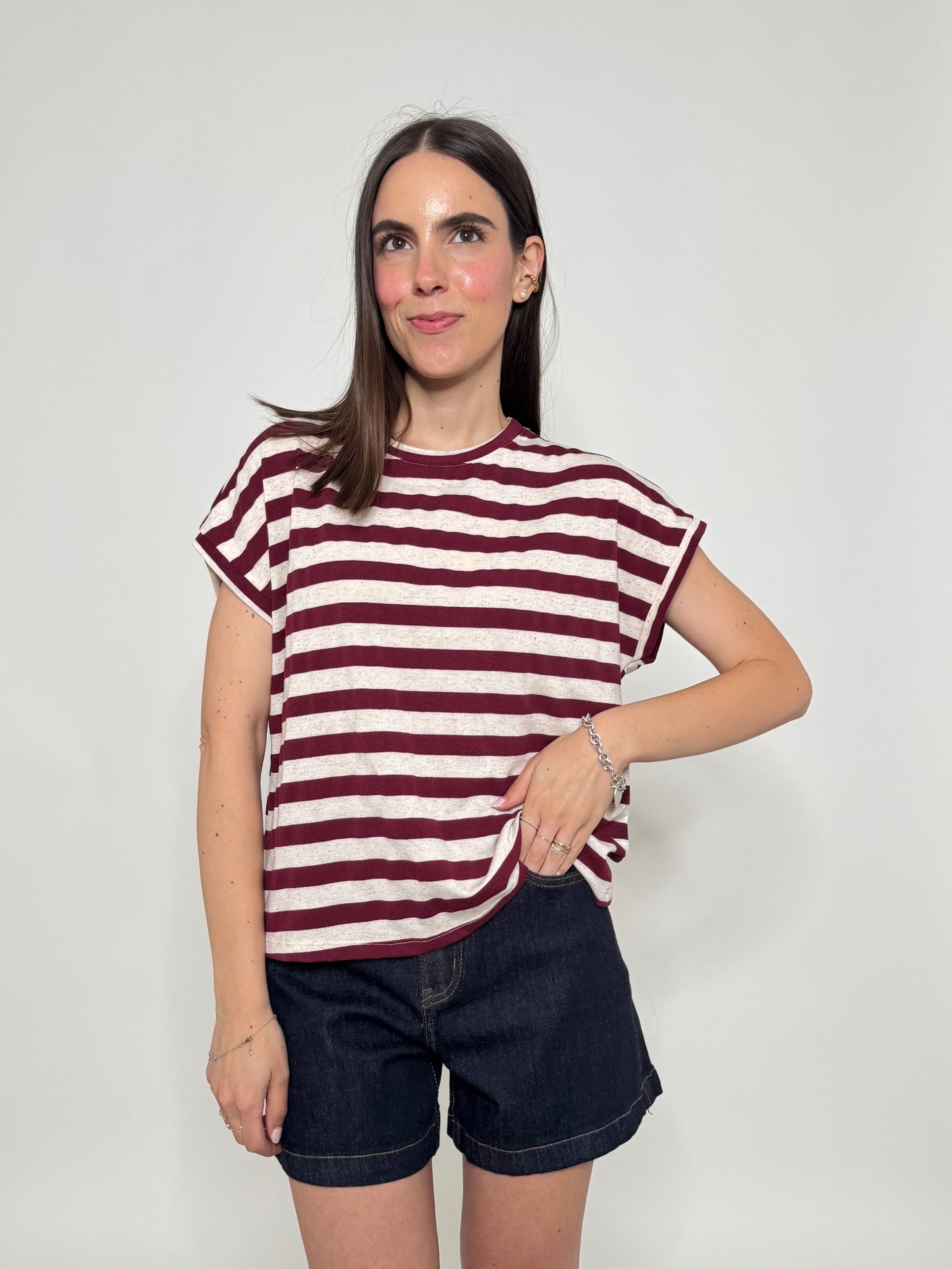 T-shirt scatoletta righe in misto lino e cotone Beige/Burgundy