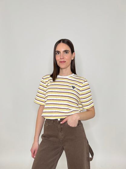 T-shirt righe light cotton con cuore Giallo