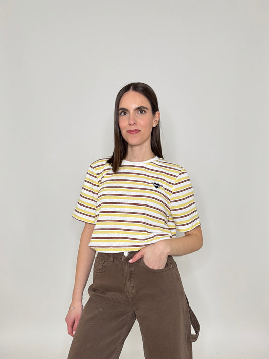 T-shirt righe light cotton con cuore Giallo