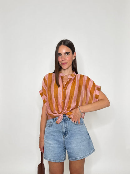 Camicia a righe in lyocell manica corta coccio/rosa