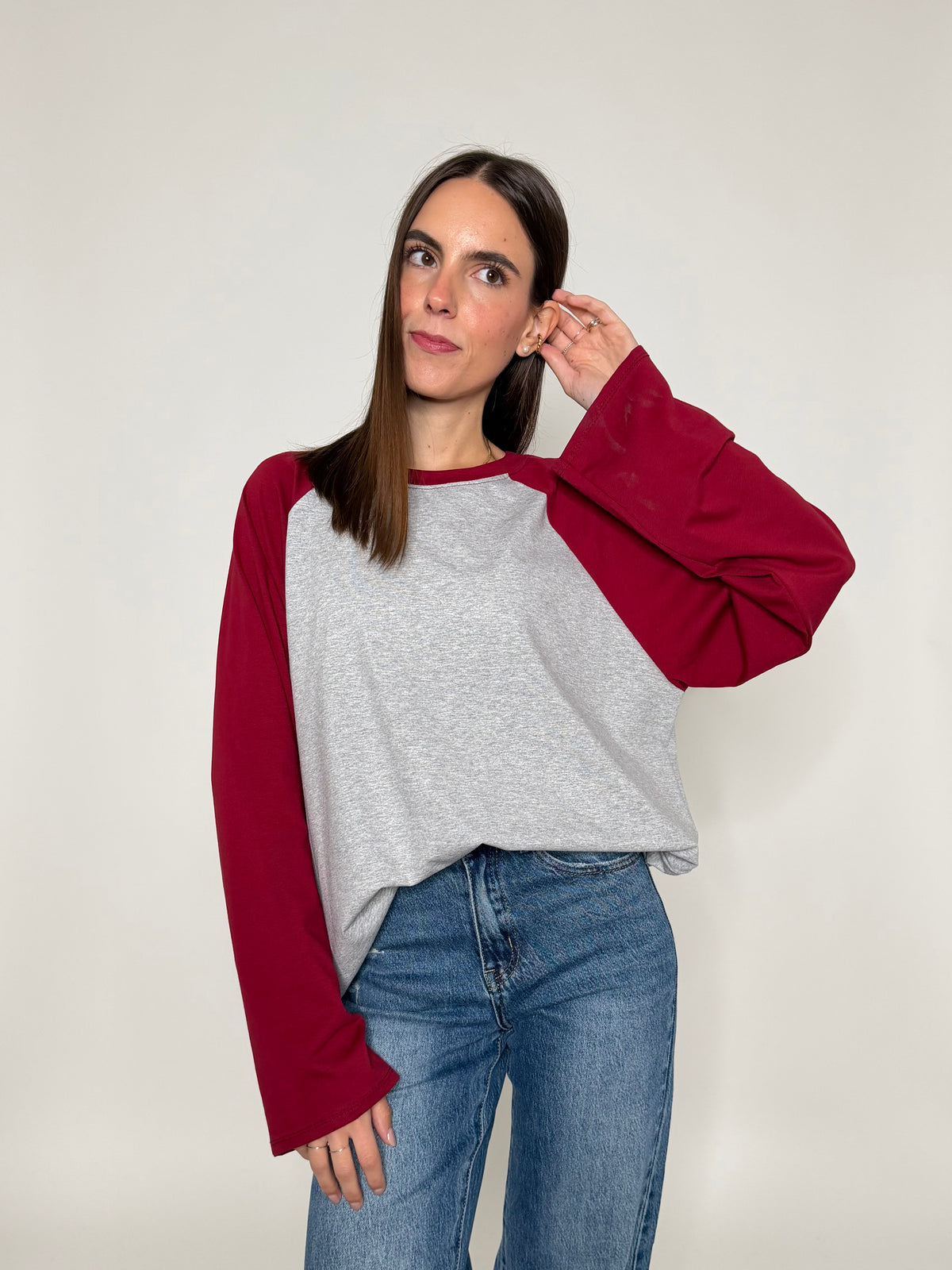 Maglia Baseball Bicolor in cotone con manica a ampia bordeaux/grigio