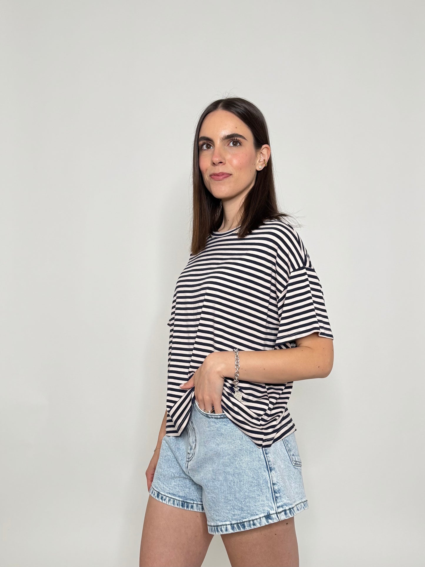 T-shirt a righe in jersey di viscosa Blu/panna