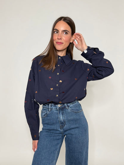 Camicia in cotone blu navy con dettagli ricamati