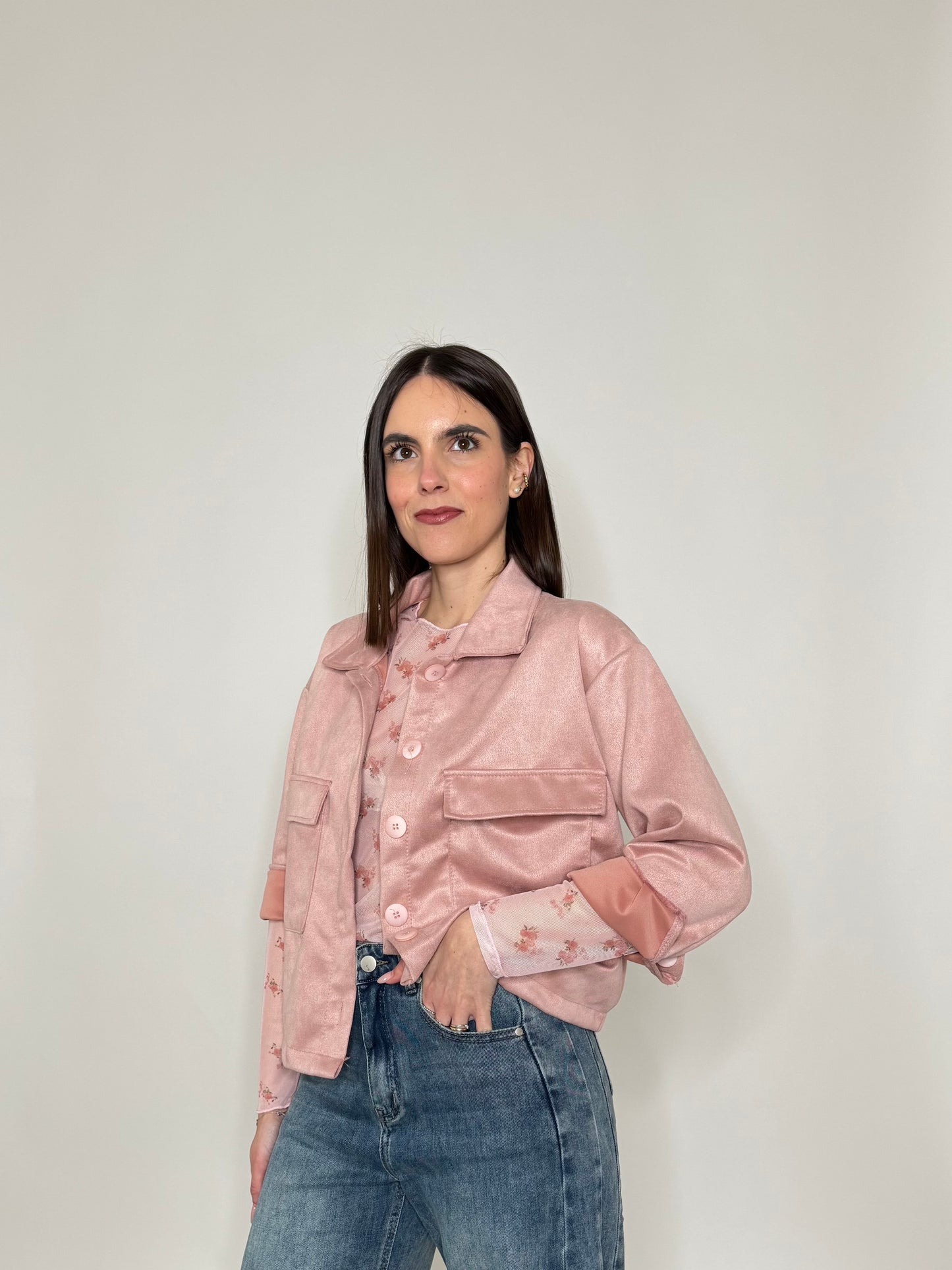 Maglia in tulle con micro fiori Rosa