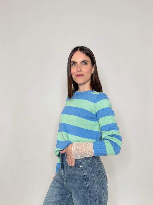Maglia girocollo a righe in 100% cotone Jeans/Menta