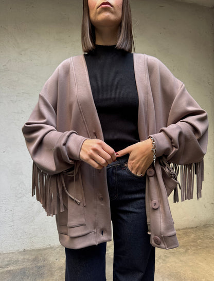 Cardigan frange tessuto felpa viscosa Tortora - Lumina