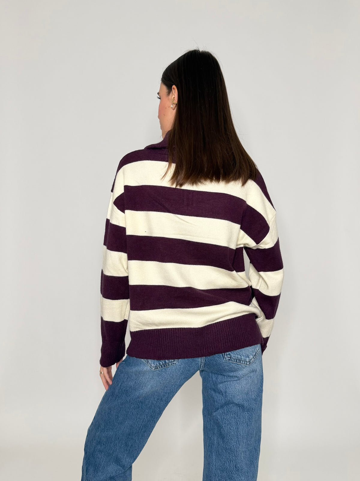 Maglione mezza zip collo alto a righe in morbida viscosa burgundy/panna