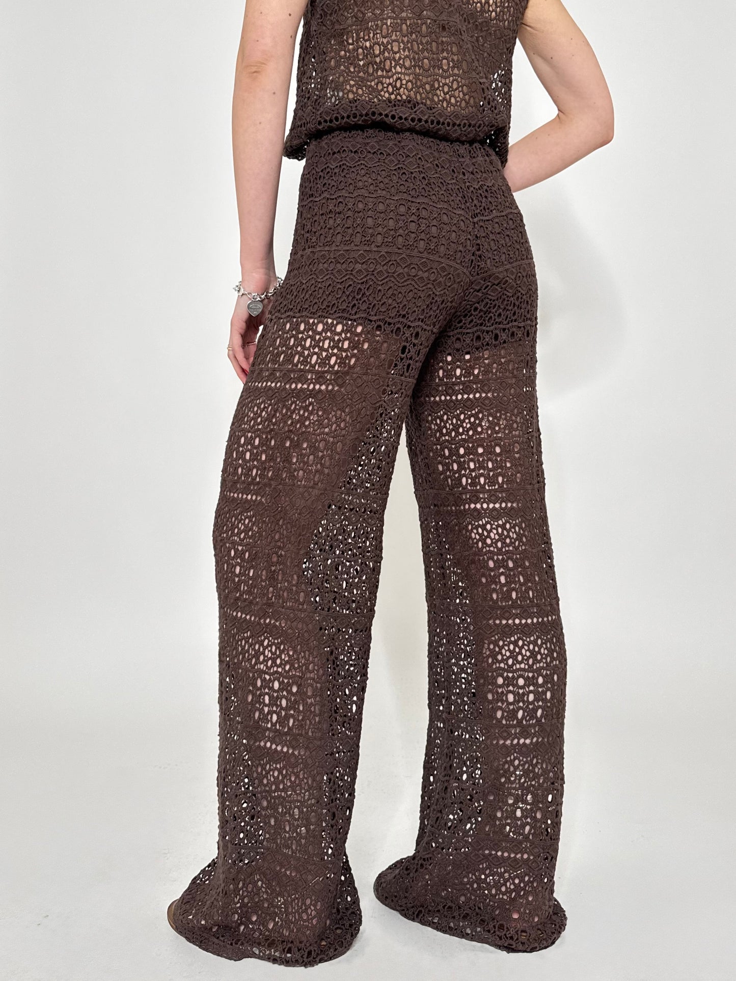 Pantalone pizzo crochet cioccolato in cotone