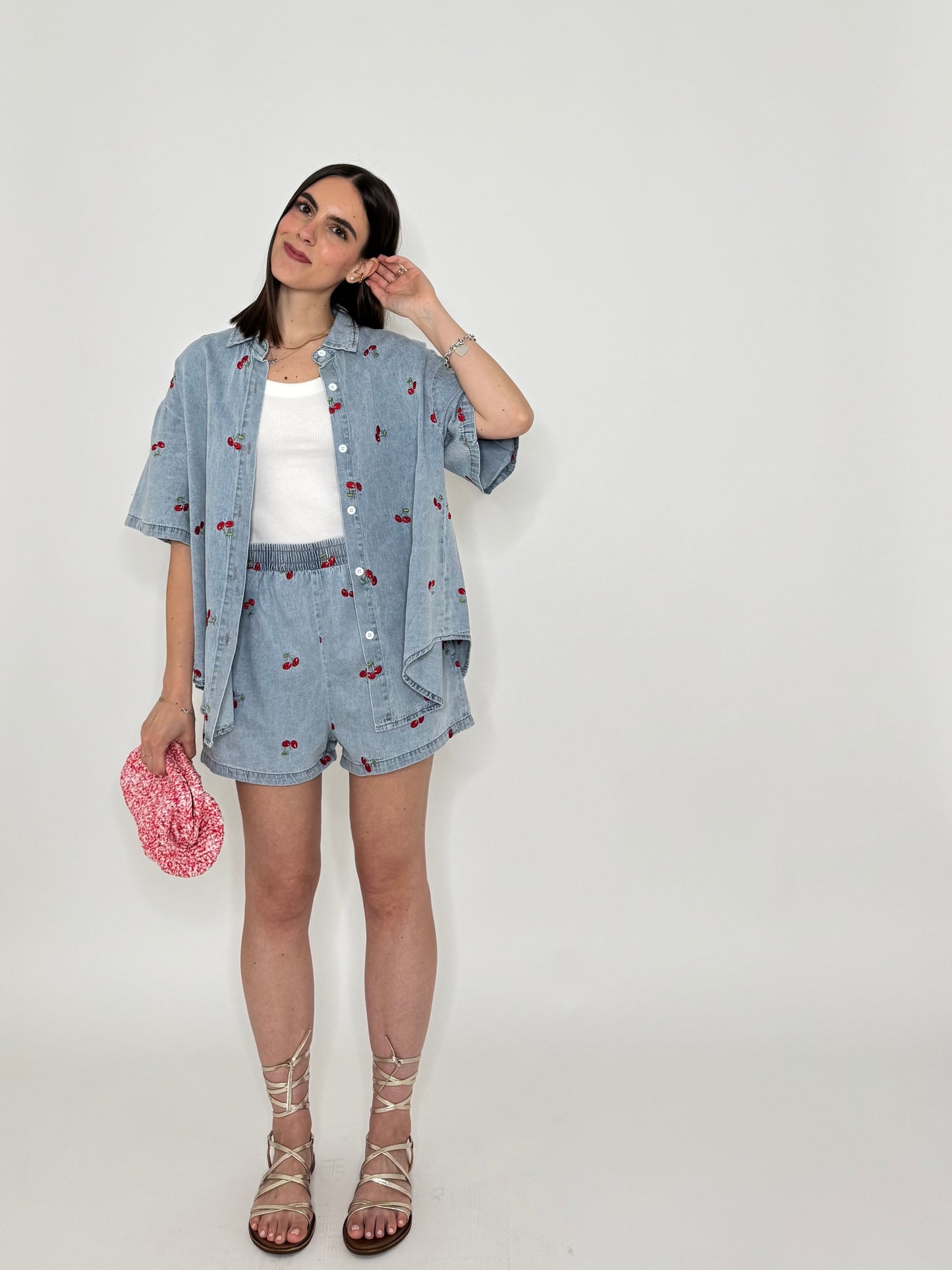 Completo denim in cotone con ricami
