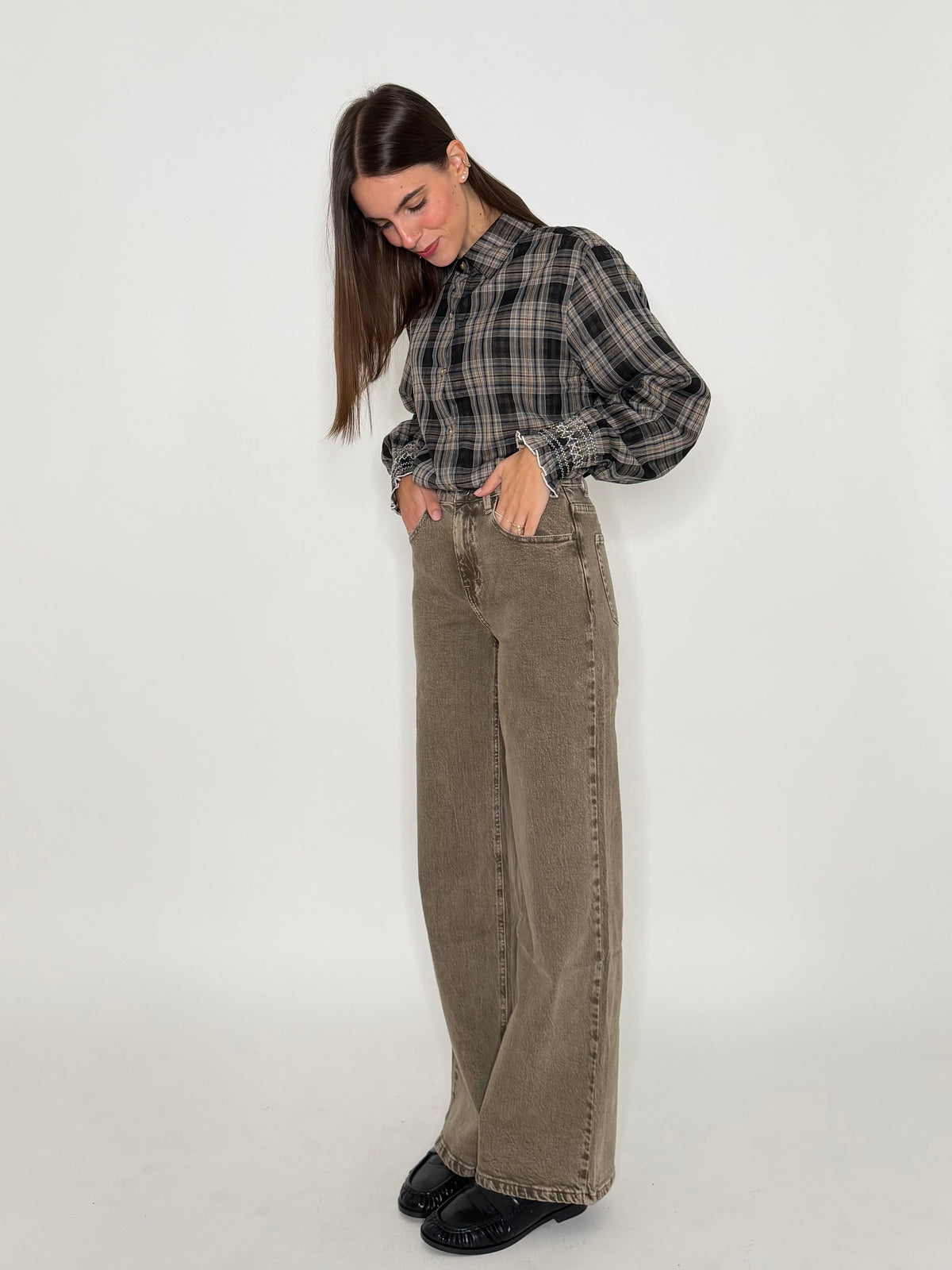 Camicia check con stampa vichy interna e polsino ricamato in cotone