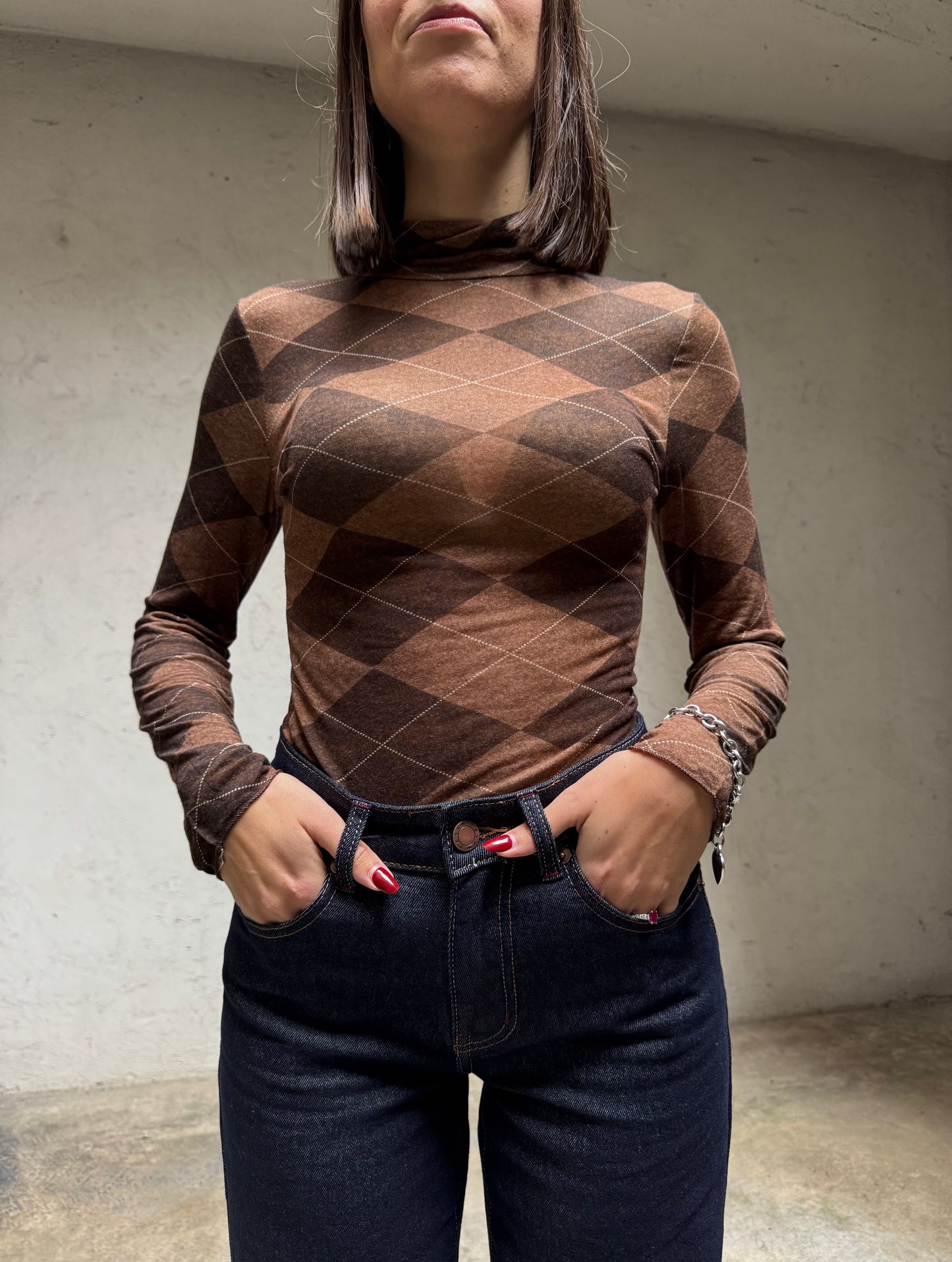 Maglia Cashmere mezzo collo stampa rombi Marrone